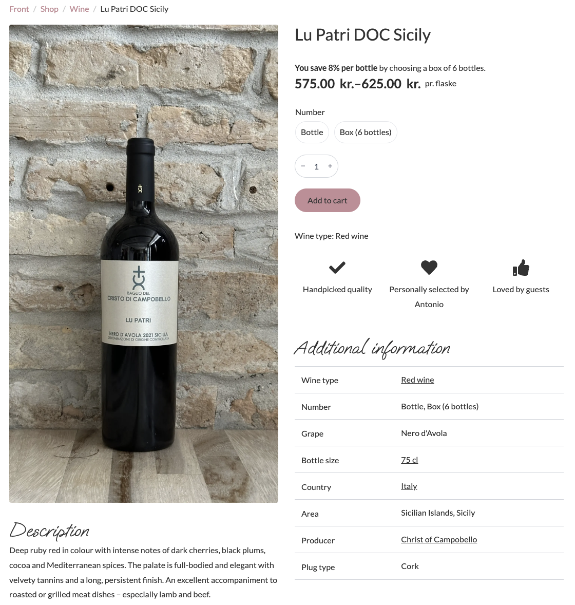 Live product page — Lu Patri DOC Sicily by Baglio del Cristo di Campobello.